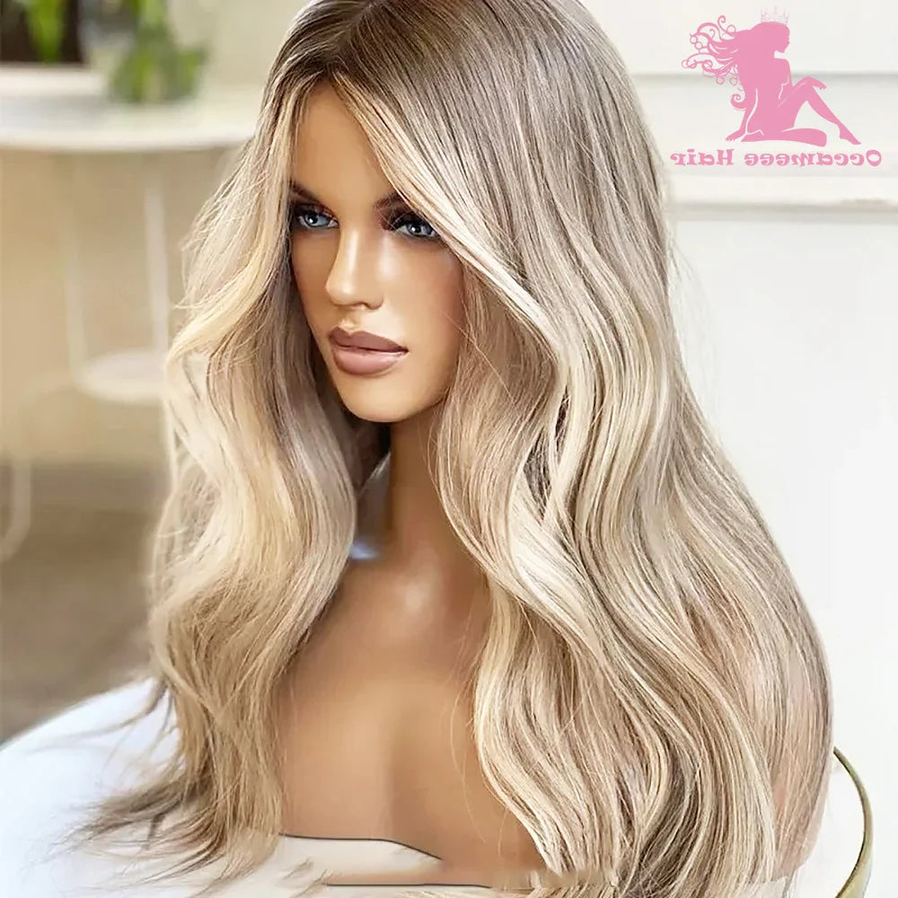 Ash Blonde Highlight Colored Lace Front Wig With Roots Straight Double Dawn HD Lace Forntal Wig aBrazilin Virgin Human Hair Wigs