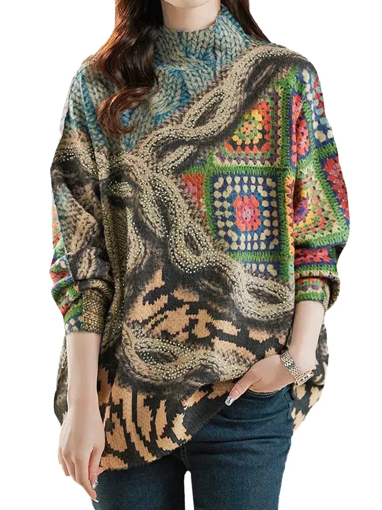 Winter Fashion Knitwear Women Luxury Loose Printed Diamond Plus Size Sweaters Ladies Vintage Warm Pullover Classic Casual Jumper