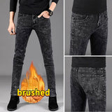 Men's Autumn Winter Korean Style Brushed Denim Fabric Slim Designer Korean Fashion Luxury Skinny Plush Cowboy Snowflake Pants