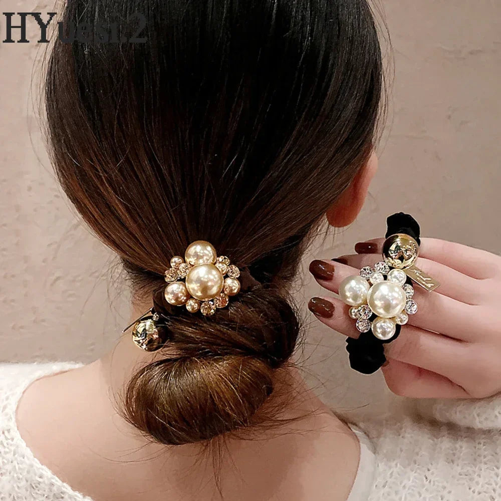 Luxury Rhinestone Pearl Hair Ties Ropes Women Girls Exquisite Elastic Crystal Beaded Ponytail Holder Scrunchies