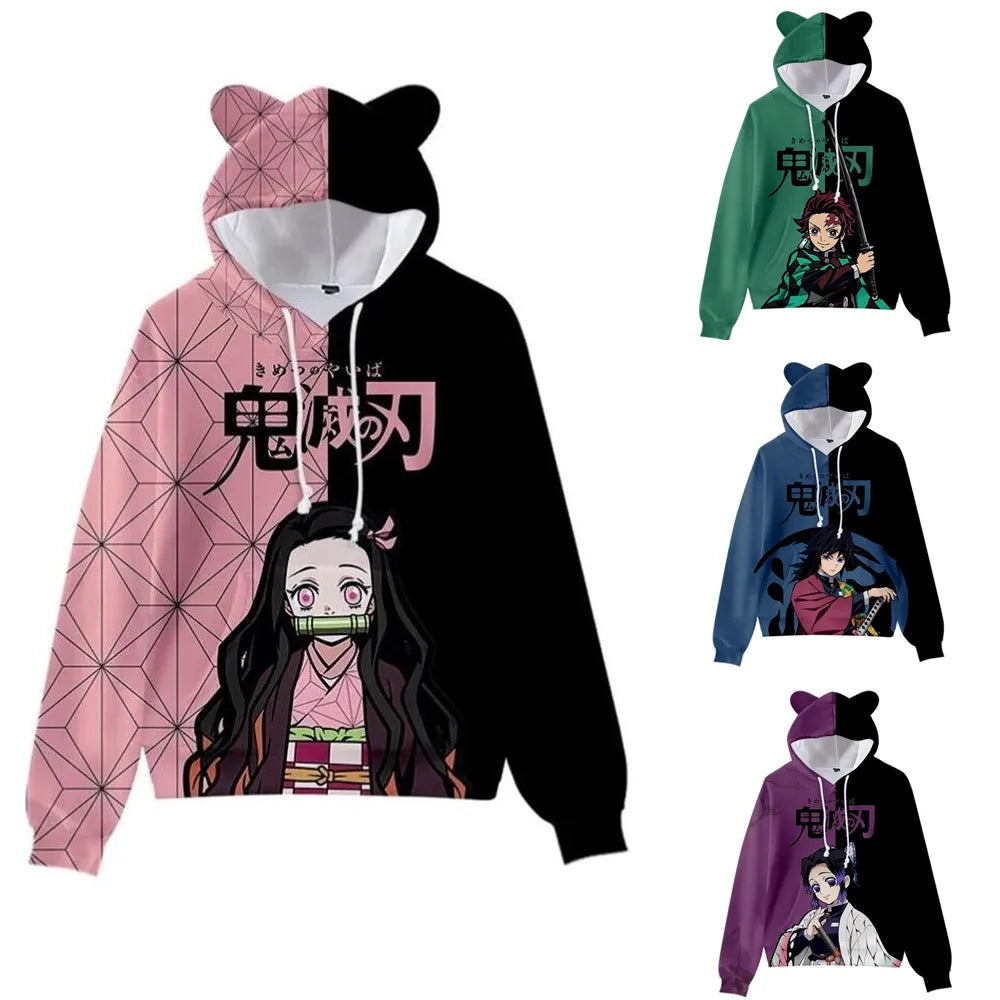 Anime Demon Slayer Hoodies Women Cat Ears Cartoon Sweatshirt Tops Kamado Nezuko 3D Harajuku Boys Girls Cosplay Costume Pullover