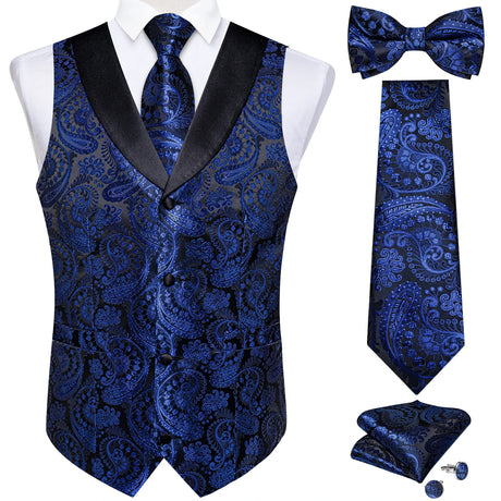 Brand Suit Vest Set For Men Luxury Silk Black Gold Paisley Dress Vest Tie Cufflinks Handkerchief Set Male Sleeveless Waistcoat