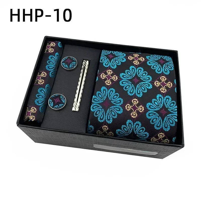 Luxury Tie Set Gift Box for Men Jacquard Necktie and Pocket Square Clip Cufflinks Red Black Blue Handkerchief Formal Gift