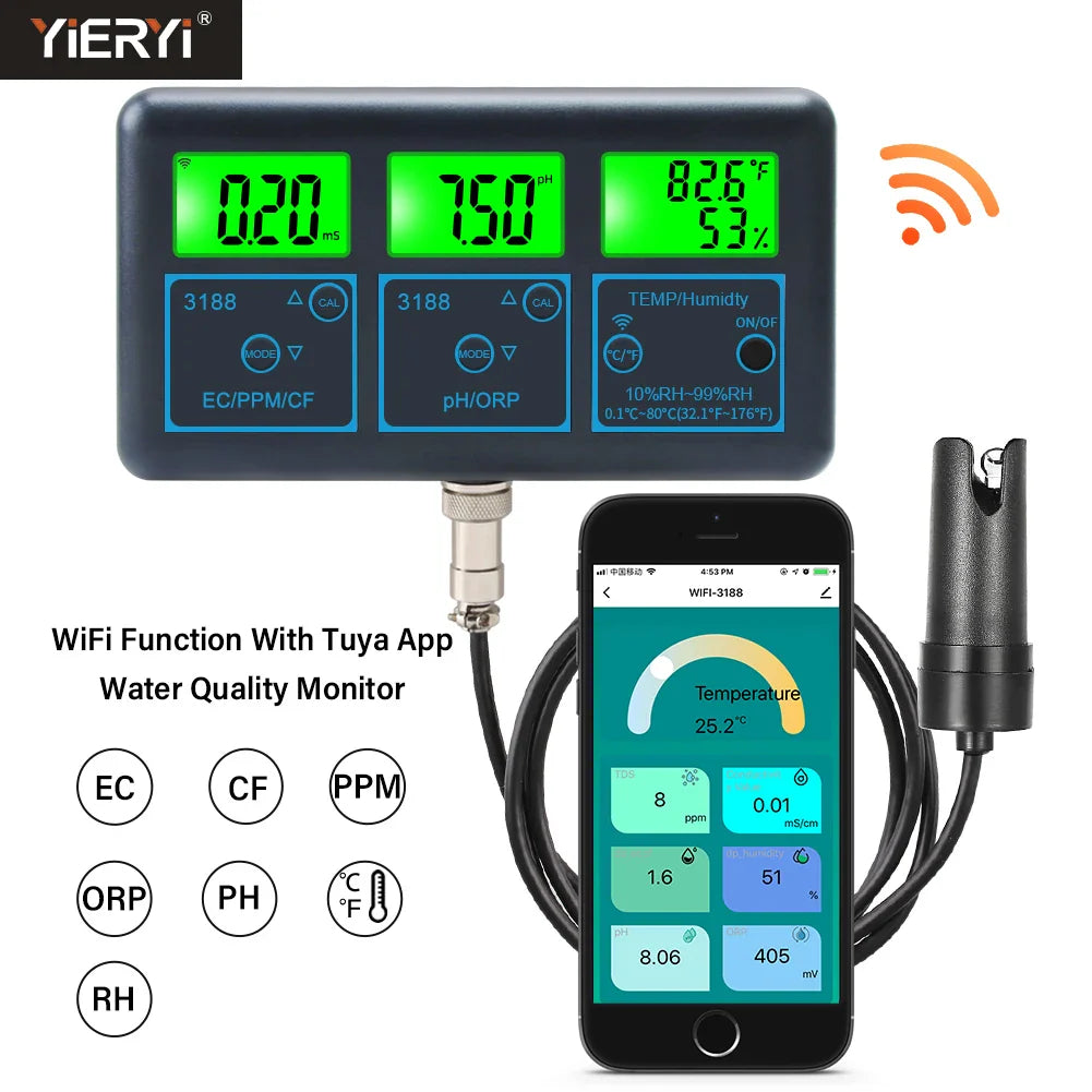 WiFi PH Meter Temp TDS(ppm) EC ORP Water Tester Tuya APP Smart Monitor Digital Analyzer for Aquariums Hydroponics Swimming Pool