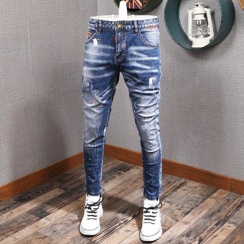 Fashion Streetwear Men Jeans Retro Black Blue Elastic Slim Fit Ripped Jeans Men Spliced Designer Embroidery Hip Hop Denim Pants