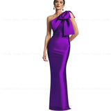 Exquisite Mother of the Bride Dresses 2023 Sheath One-Shoulder Satin Bow Floor-Length Wedding Guest Dresses فستان حفلات الزفاف