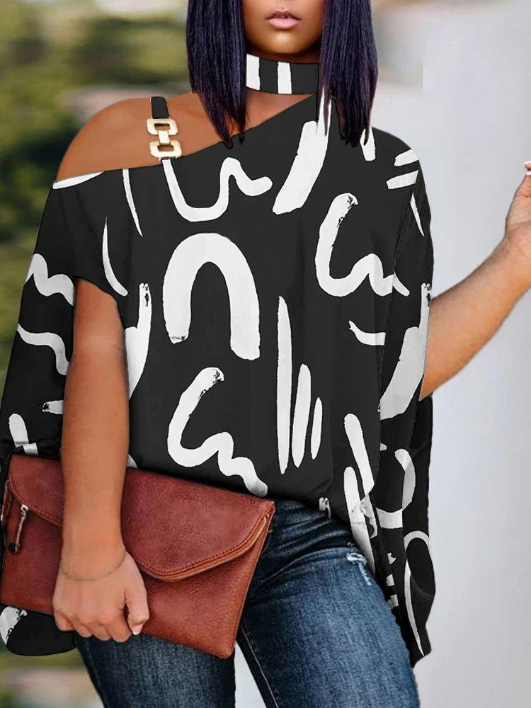 Plus Size Elegant Top, Women's Plus Graffiti Print Asymmetrical Shoulder Chocker Design Top