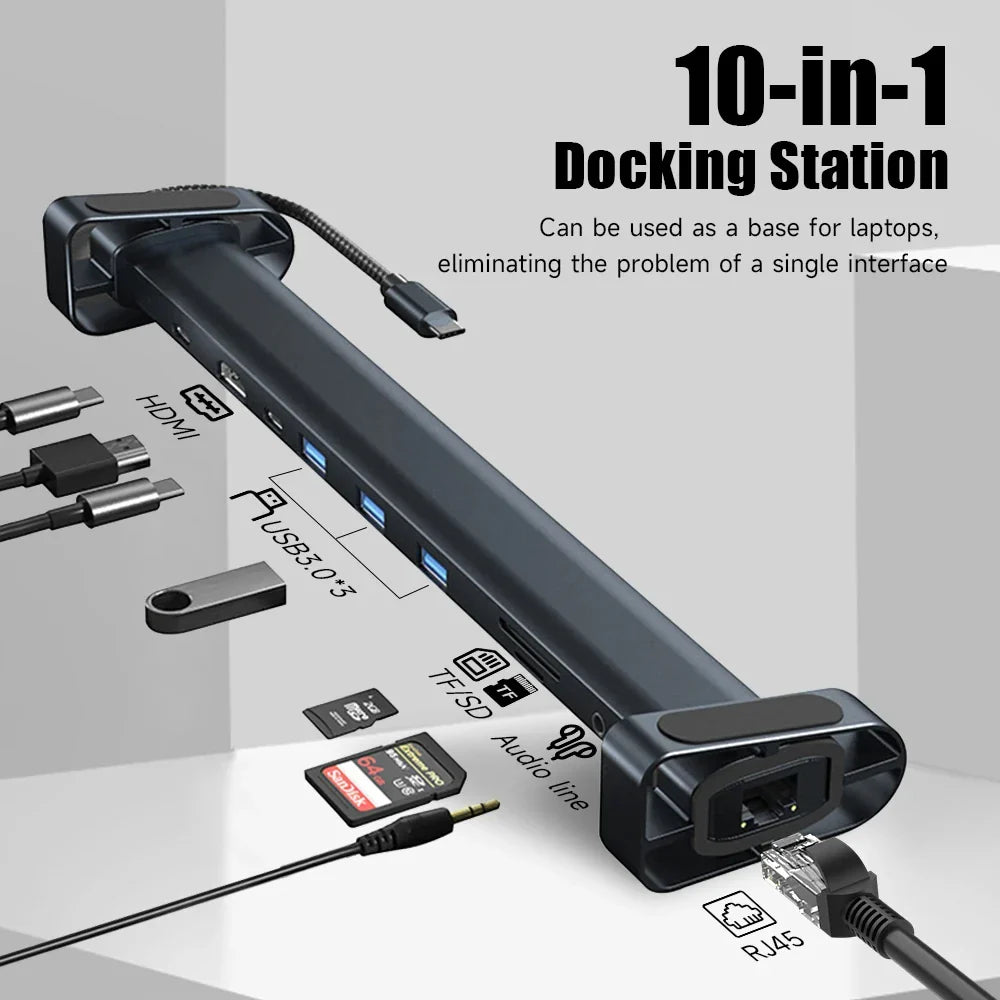 USB C Hub Multiport Adapter 10 in 1 Portable Dongle 4K HDMI PD 100W USB 3.0 Gigabit Ethernet RJ45 Docking Station Laptop Stand