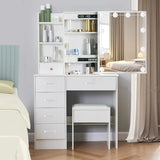 Logimiz Modern Vanity Desk with Mirror and Lights, White Vanity Desk with Stool and 6 Storage Drawers, Bedroom Makeup Vanity