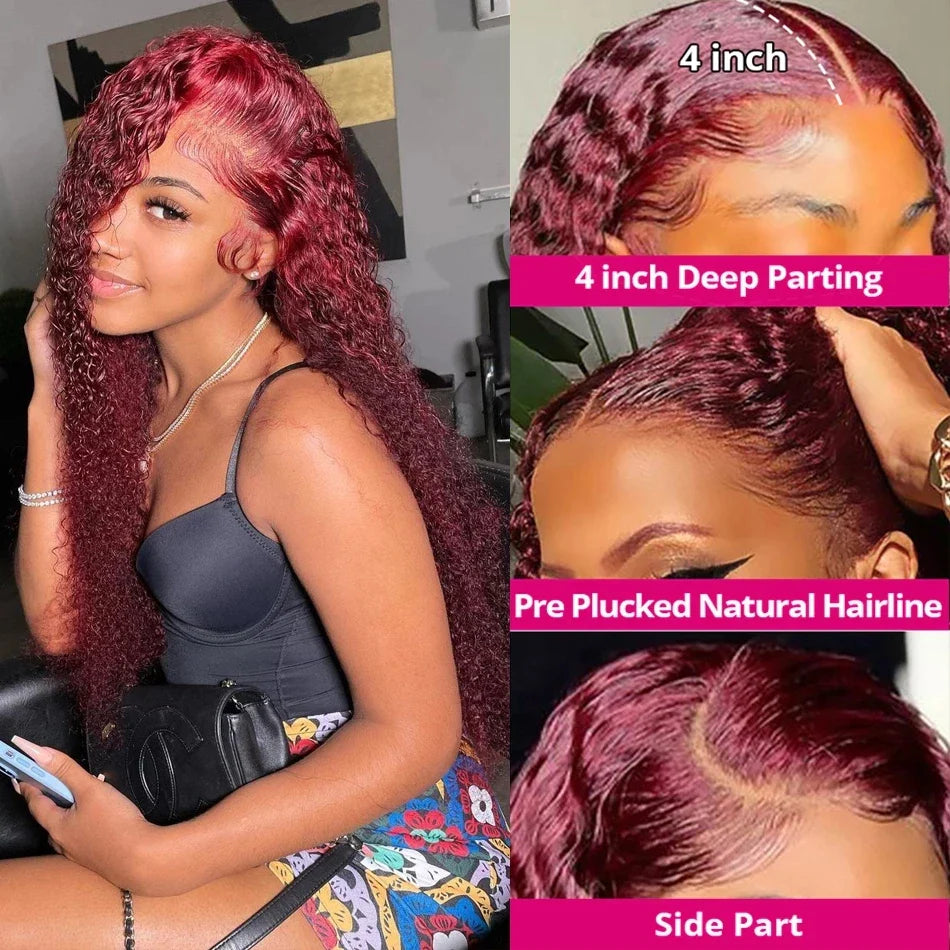 Water Wave Burgundy 13x6 Hd Lace Frontal Human Hair Wigs For Women Red Colored 13x4 Transparent Lace Curly Deep Wave Frontal Wig