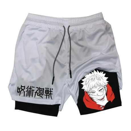 Itadori Yuji 2 in 1 Compression Shorts for Men Anime Jujutsu Kaisen Performance Shorts Basketball Sports Gym Shorts with Pockets