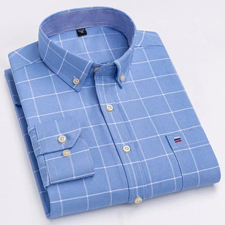 2023 Oxford Men Fashion 100% Cotton Thin Long Sleeve Casual Slim Solid Color Plaid Print Stripe Formal Dress Shirt Plus 7XL 6XL