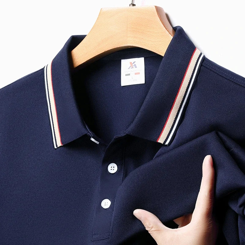 Men's Fashion Solid Short Sleeved Striped Lapel Polo Shirt Summer Breathable Comfortable Top