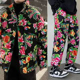 Northeast Flower Printed Thickened Cotton-padded Jacket Couple Chinese Style Causal Loose High Street Parkas Pants Suit