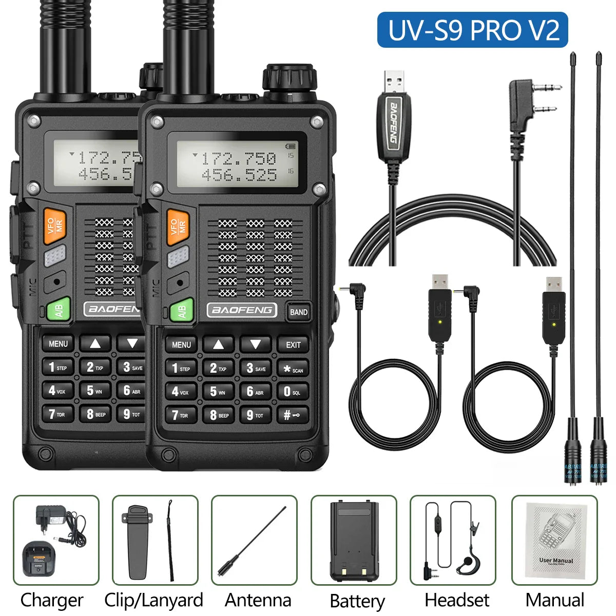 2PCS BaoFeng UV-S9 Pro V2 Walkie Talkie 10KM Long Range Transceiver Communicator Waterproof 10W Powerful UHF VHF Two Way Radio