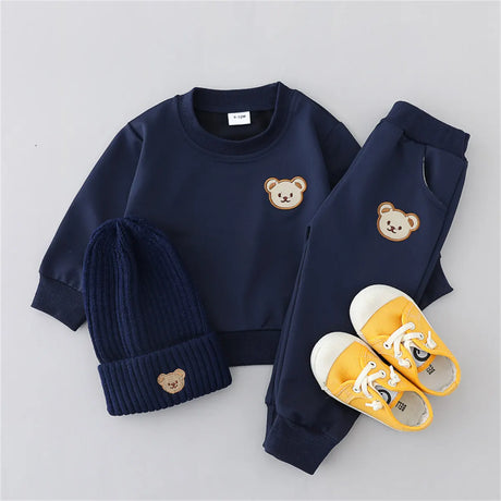 2pcs Baby Spring Fashion Simple Embroidered Bear Head Round Neck Set for Children's Versatile Long sleeved Pants 2-piece Set