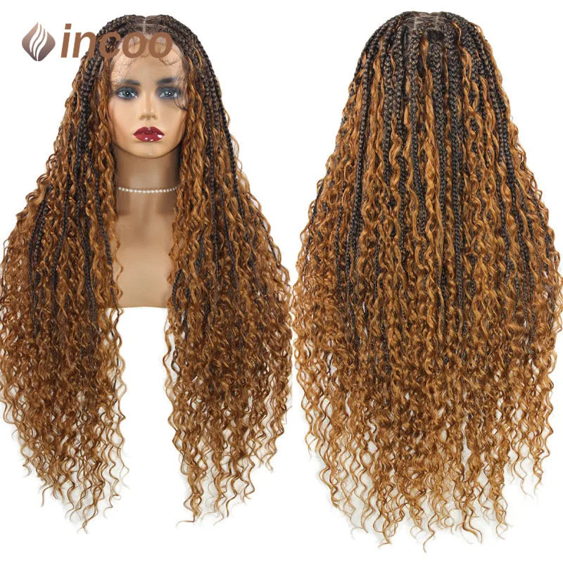 Blonde Bohemian Box Braids Wigs With Curly Hair Synthetic Braid Lace Frontal Wigs Goddess Locs Braided Wigs Burgundy Hair 32"