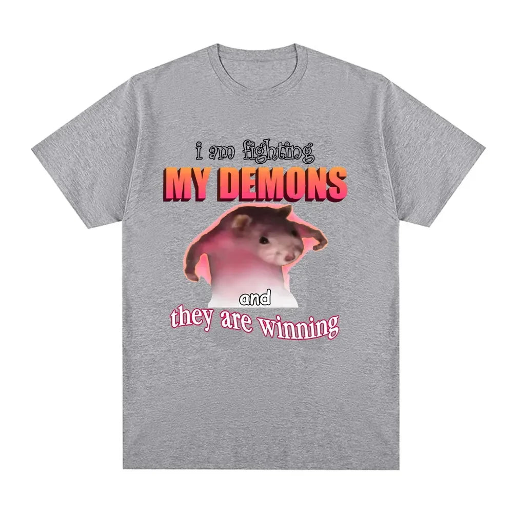 Funny I Am Fighting My Demons and The Are Winning Mouse Meme T-shirt Creative men Short Sleeve Plus Size Women T-shirts