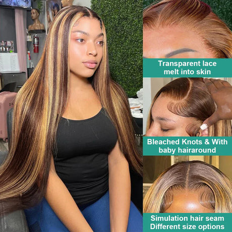 Melodie 250% HD 30 40 Inch Highlight Ombre Straight 13x6 Lace Front Wigs Human Hair 13x4 Lace Frontal For Black Women