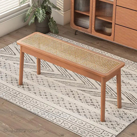 Rattan Bench Chandigarh Chair Household Solid Wood Dining Chair Japanese Style Log Long Bench Bed End Stool Shoe Changing Stool