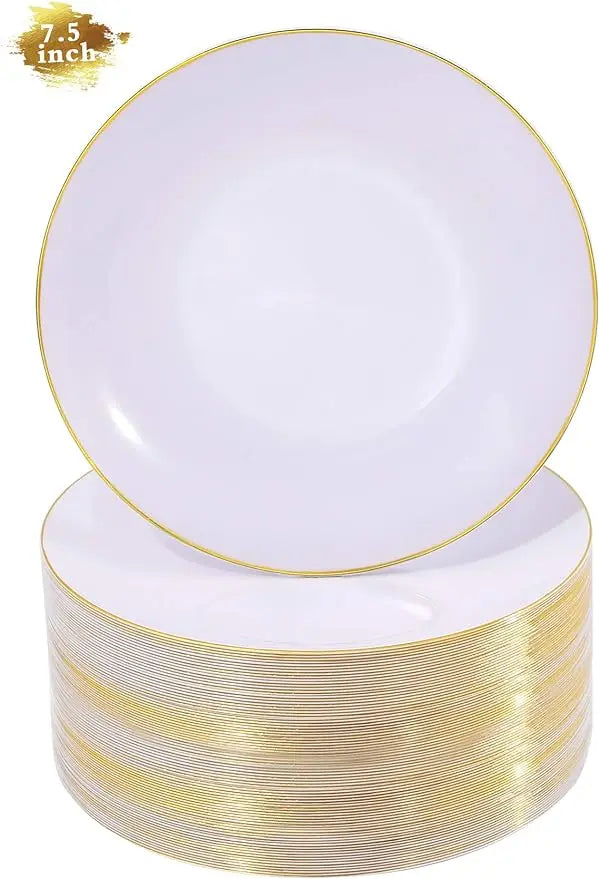 Nervure 100Pieces White with Gold Rim Plastic Plates - 7.5inch Disposable Gold Salad/Dessert Plates - White and Gold Plastic Pla