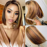 Highlight Straight Short Bob Wig 13x4 HD Transparent Lace Frontal Human Hair Wigs For Women Glueless Bob Wig Ombre Lace Wig 180%