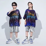 Kids Hip Hop Clothing Sequined T Shirt Loose Silver Shorts Pants for Girls Boys Street Jazz Dance Costumes Performance Outfits