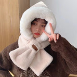 Women' S Autumn and Winter Korean Version Plus Velvet Warm Scarf Wool Hat Outdoor Cold- Proof Ear Protection One- Piece Cap