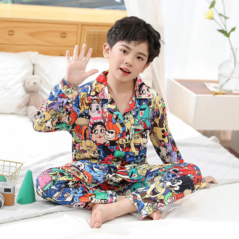 2024 Kawaii Miniso Spring Autumn Children Pajamas Anime Kuromi Cinnamoroll Pochacco Boy Girl Milk Silk Sleepwear Kids Loungewear