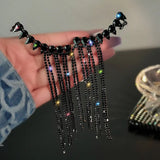 FYUAN Long Tassel Full Rhinestone Drop Earrings for Women Long Black Crystal Dangle Earrings Fashion Jewelry Accessories