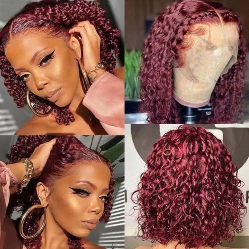 Short Bob Wigs 99J Kinky Curly Bob Wig Lace Front Human Hair Wigs For Women 13x4 Red Burgundy Lace Wig 4x4 Lace Closure Wig