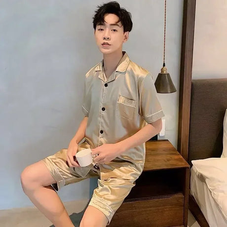 Satin Sleepwear Clothes Solid Ice Color Sleeve 2pcs Short Men Thin Sets Summer Silk Pajama Home Male Casual Suit Shirt+shorts