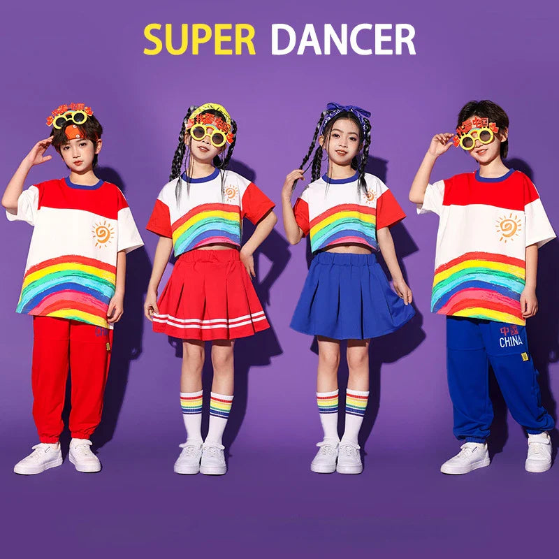 Kids Hip Hop Rainbow Striped Top Street Dance Skirts Boys Sweatshirt Joggers Pants Jazz Clothes Sets Children Girls Streetwear