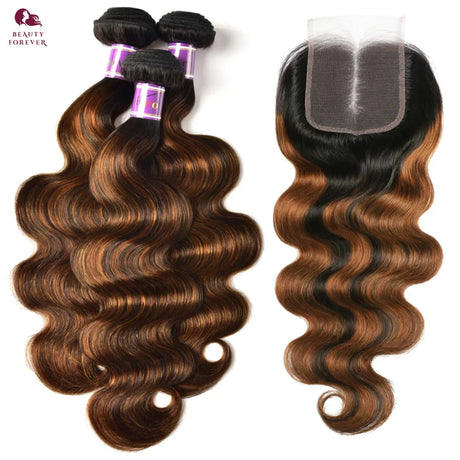 Beauty Forever Ombre Brown Body Wave Bundles With Closure Highlight Color Double Drawn Peruvian Human Hair Weaving Free Shipping