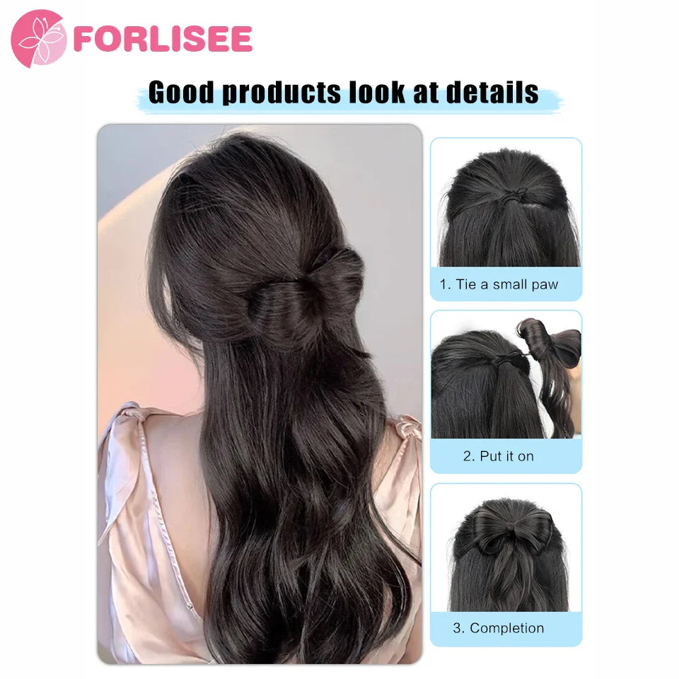 FORLISEE Bowknot Half-tie High Ponytail Wig Clip Hair Bag Meatball Head Hanfu Braid Wig Braid Ponytail