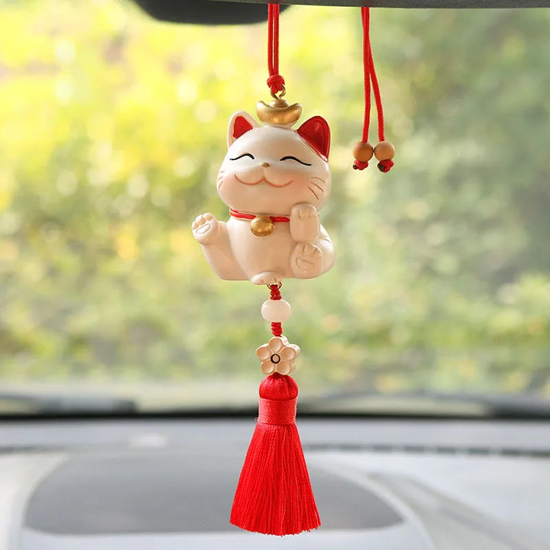 Creative Lucky Cat Car Pendant for Women Blessing Rearview Mirror Hanging Car Ornaments Lanyard Car Interior Accessories