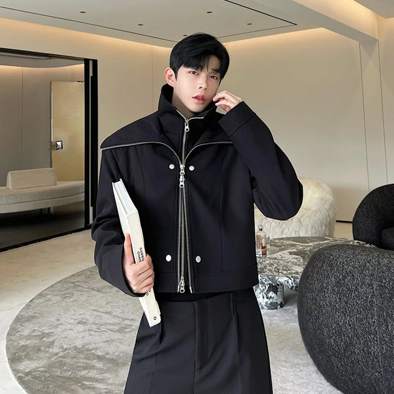 NOYMEI Short Coat Black Deconstructed Design Black Short Motorcycle High Collar Double Neck Double Zipper Jacket Men WA3171