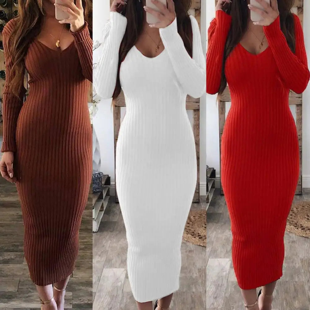 Sexy Backless Bodycon Long Sleeve Dress Slim Midi Dress Women V Neck Ribbed Knitted Midi Dress