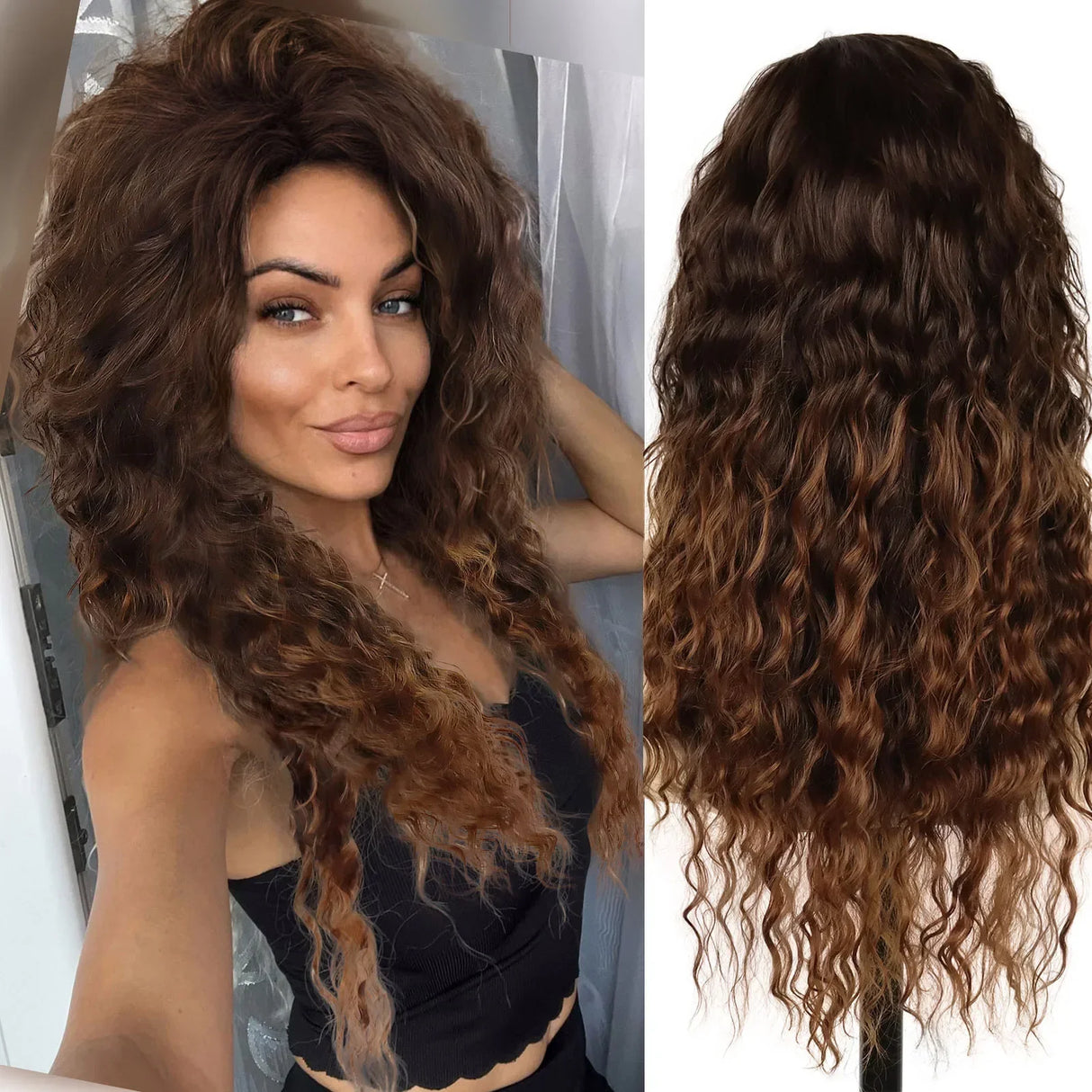 GNIMEGIL Synthetic Long Wave Wig for Woman Natural Brown Wig with Clip Free Part Side Bangs 80s Curly Wigs for Women Ombre Wig