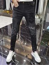 Man's Trousers Classic Distinctive Printed Black Stretch Denim Jeans for Men High Quality Slim Fit Stretch Hip Hop Denim Pants