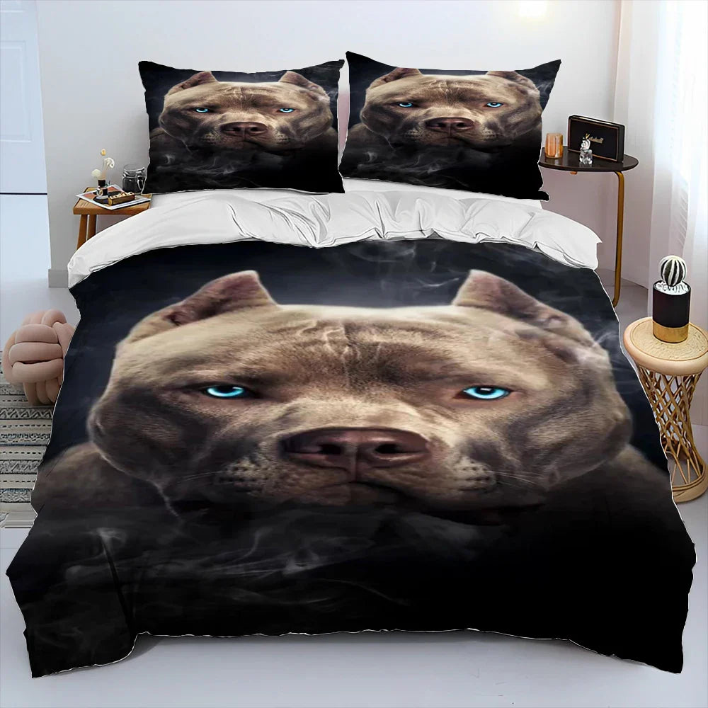 Cartoon Pitbull Dog Comforter Bedding Set,Duvet Cover Bed Set Quilt Cover Pillowcase,King Queen Size Bedding Set for Adult Child