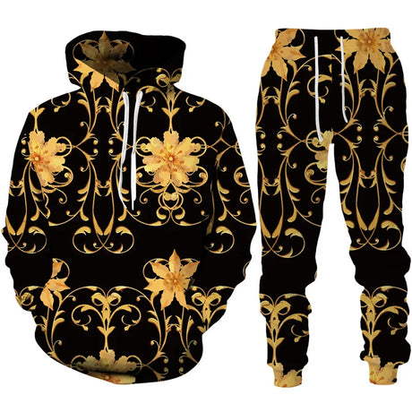 Spring Autumn  Golden Floral 3D Printed Hoodie/Tracksuit Casual Sweatshirt and Trousers Set Fashion Men Women Sports Suit