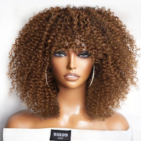 Short Curly Afro Wigs With Bangs For Black Women Human Hair Afro Kinky Curly Wig Highlight Glueless Full Machine Wig 250 Density