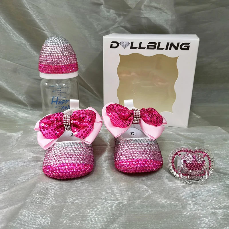 Dollbling Luxury Baby Bottles and Shoes Headband Set Keepsake Diamond Tutu Outfit Red Bottom Little Girl Baptism Shoes