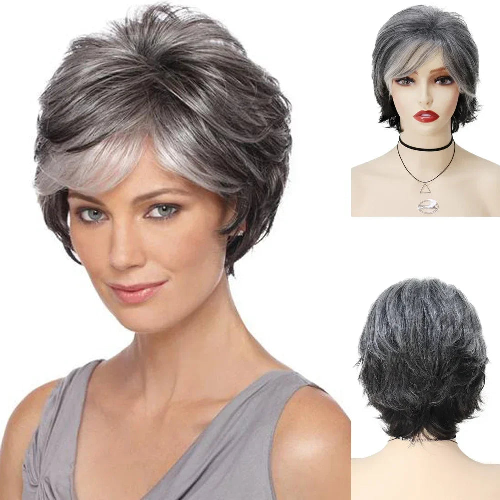 GNIMEGIL Synthetic Short Pixie Cut Wig Women Natural Hairstyle Bangs Wig Blonde Mix Brown Soft Straight Wig for Chemo Patient