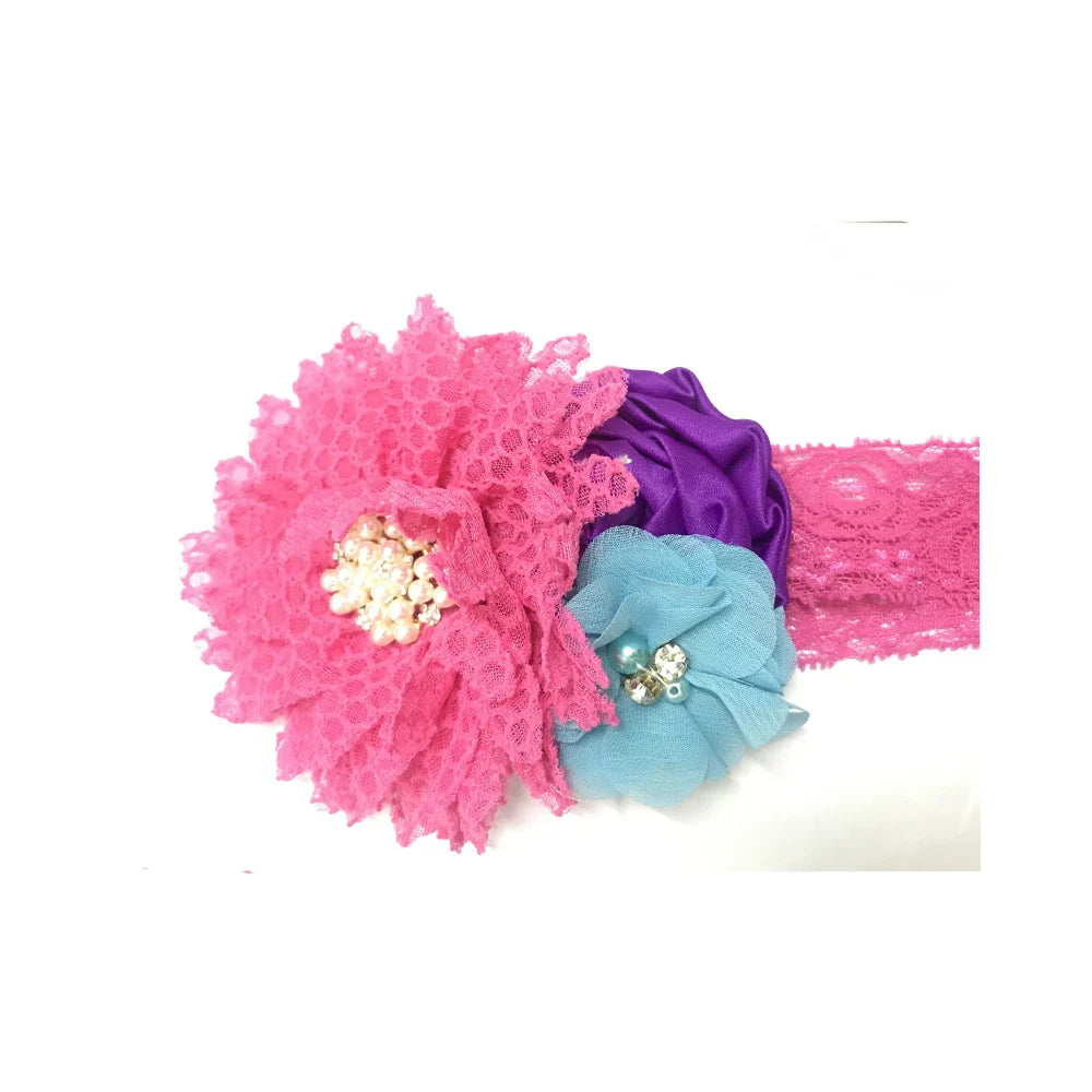 Baby girls Flower Headband Newborn Infant Pearl Flowers With Lace wide Headbands Bebes Hair accessories Phoro props Kids Turban