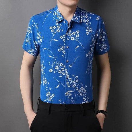 Summer Shirts for Men Short Sleeve Striped Vintage New in Tees Loose Ice Silk Graphic Printed Fashion Polo Collar Casual Tops