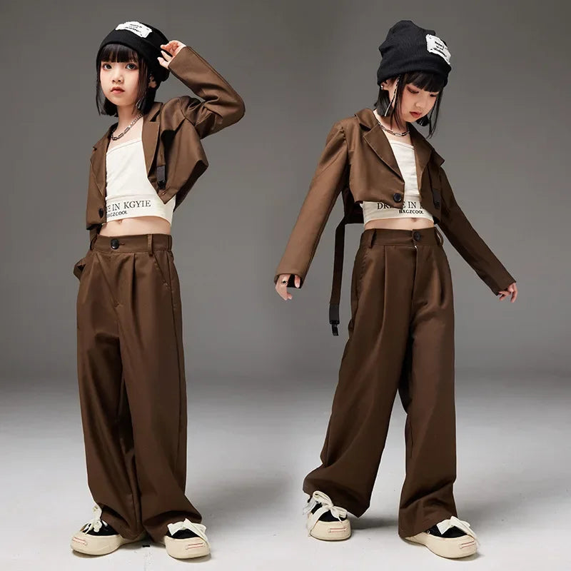 Brown Blazer Tops Loose Casual Pants Set Fashion Streetwear Jazz Dance Costumes Kids Hip Hop Outfits Girls Performance Wear