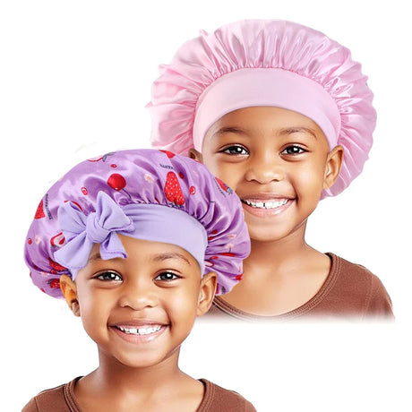 2PCS/LOT Solid Color Nightcap For Kids Wide Edge Printed Bow Sleep Hat Cute Baby Turban Multicolor Set Satin Beanie For Girls