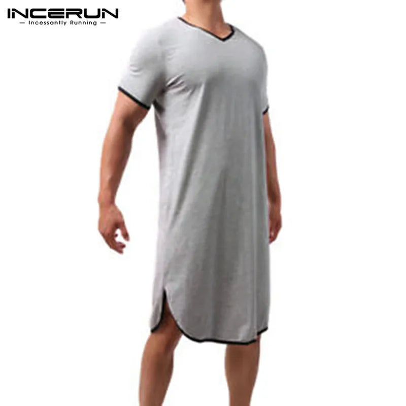 Fashion Men's Loose Sleepwear Casual Solid Nightgown INCERUN Patchwork Sleep Robes Short Sleeve V-Neck Homewear Robes S-5XL 2024